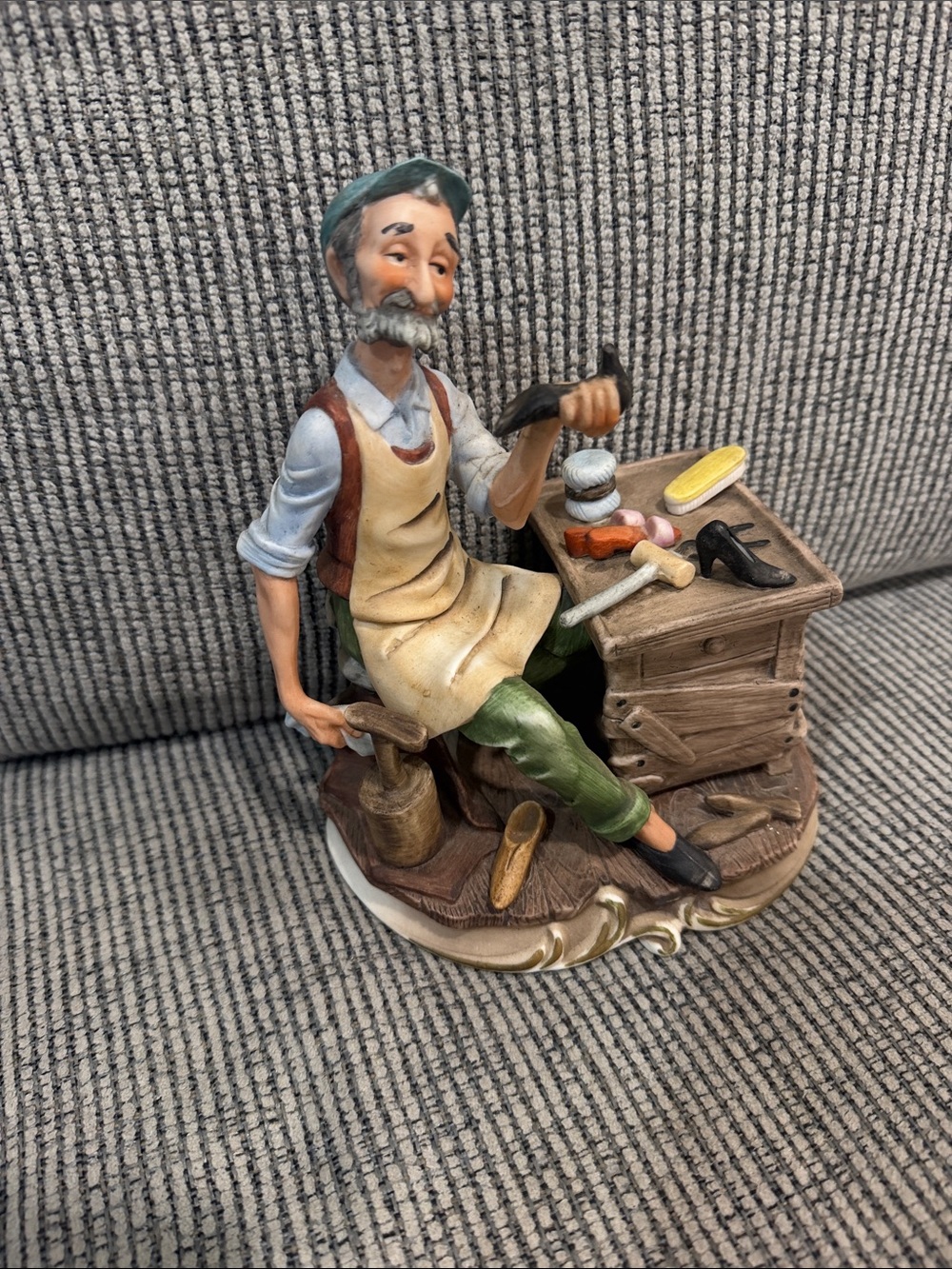 Vintage Lefton Figurine of Cobbler Shoemaker in Green Pants &  Cream Apron #2298